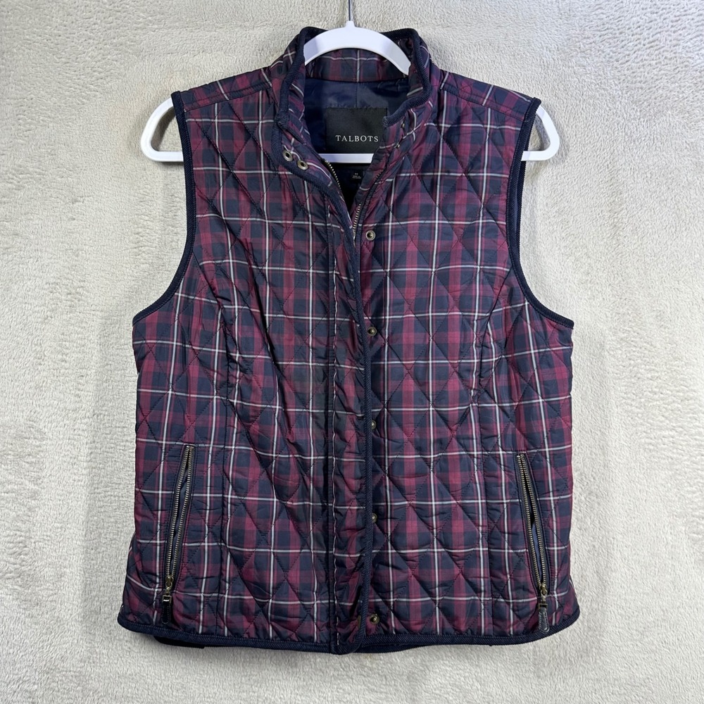 Talbots Quilted Puffer Vest Women Medium Burgundy Plaid Full Zip Pockets